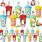 AFZMON 24 Sets Farm Animal Party Favors Goodie Cups With Lids and Silly Straws Bulk, Farm Birthday Decorations for Kids Barnyard Bags Stuffers Gifts