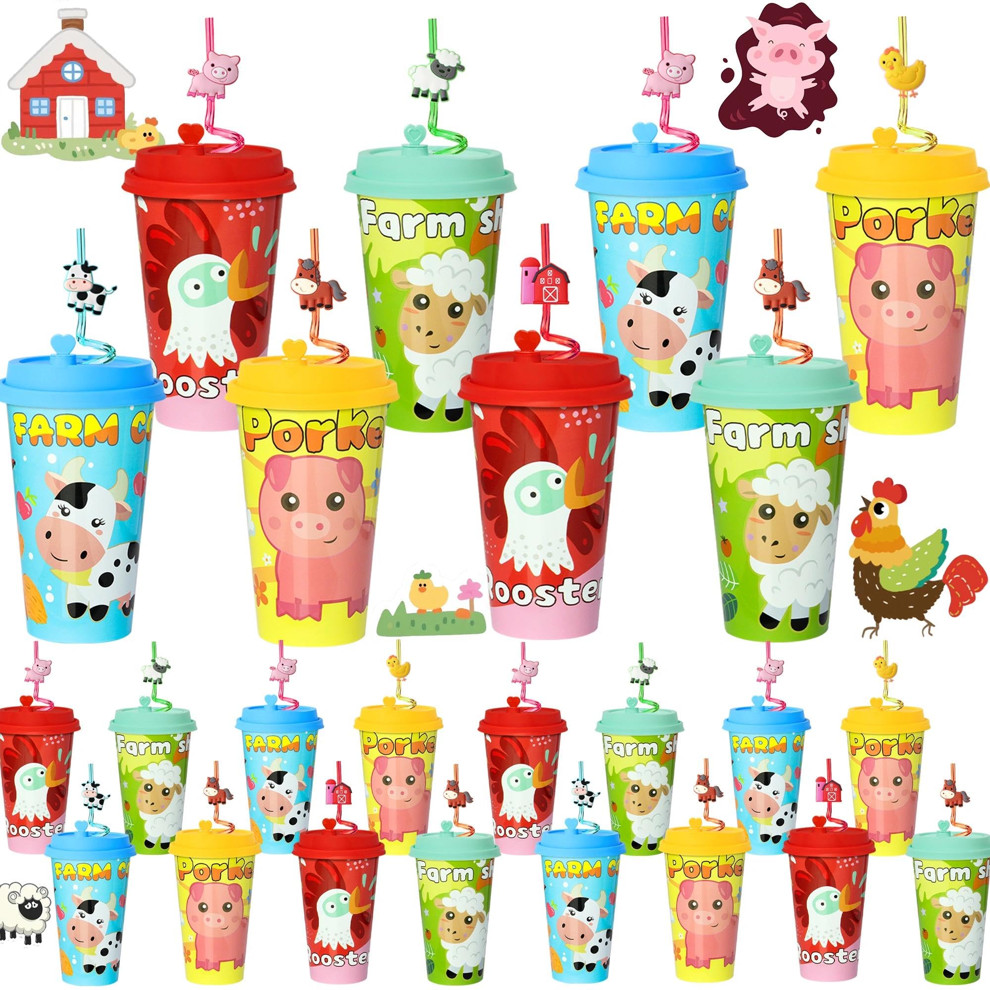 Photo 1 of AFZMON 24 Sets Farm Animal Party Favors Goodie Cups With Lids and Silly Straws Bulk, Farm Birthday Decorations for Kids Barnyard Bags Stuffers Gifts