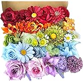 Colorful Artificial Flowers Combo Box Set Rainbow Silk Roses with Stems Sunflower DIY Bridal Wedding Bouquets Cake Fake Floral Arrangements Baby Shower Party Table Centerpieces Home Decor Bulks