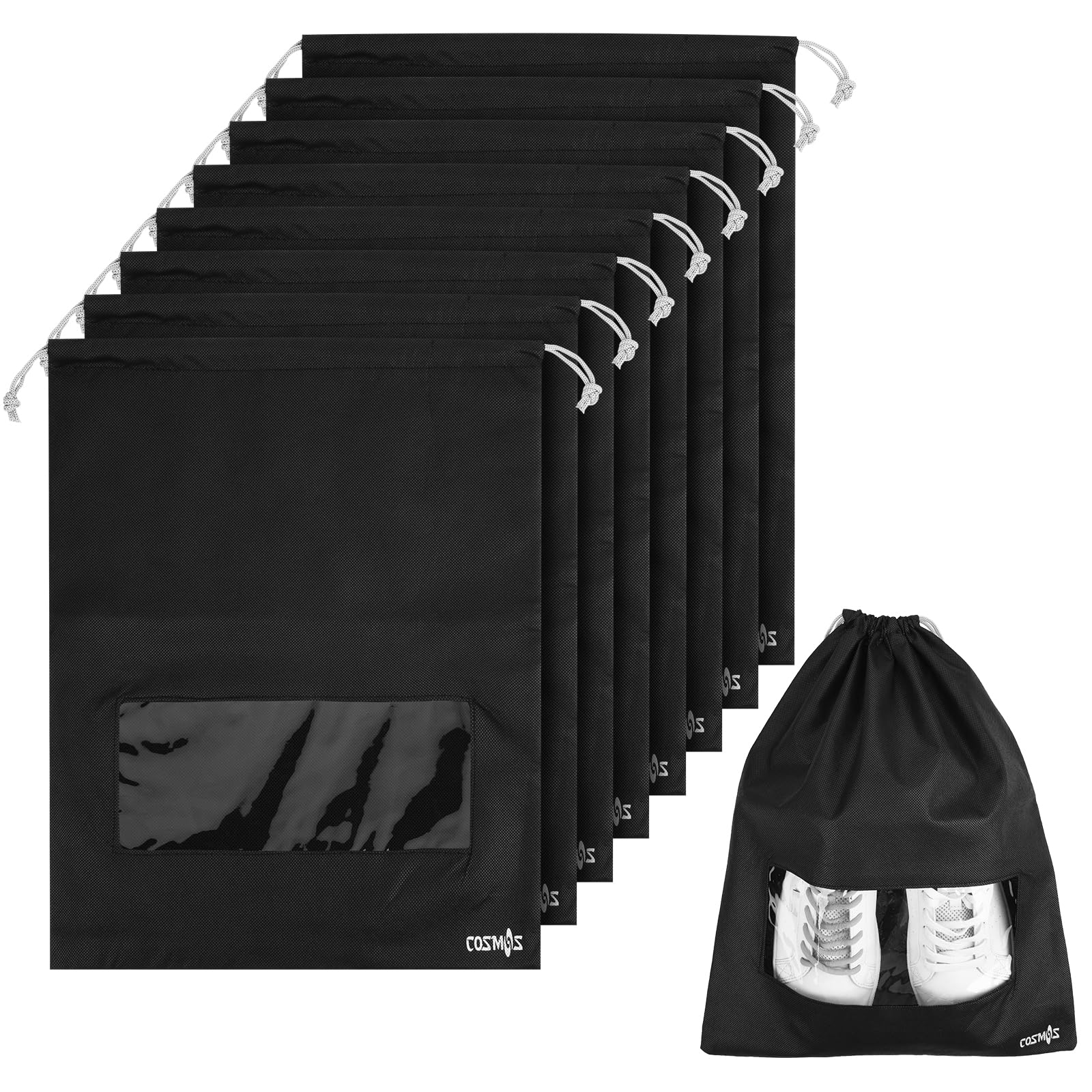 COSMOS Pack of 8 Non-Woven Dual Drawstring Shoe Bags with Clear View Window for Travel Carrying, 17-1/2 x 13-1/2 Inches