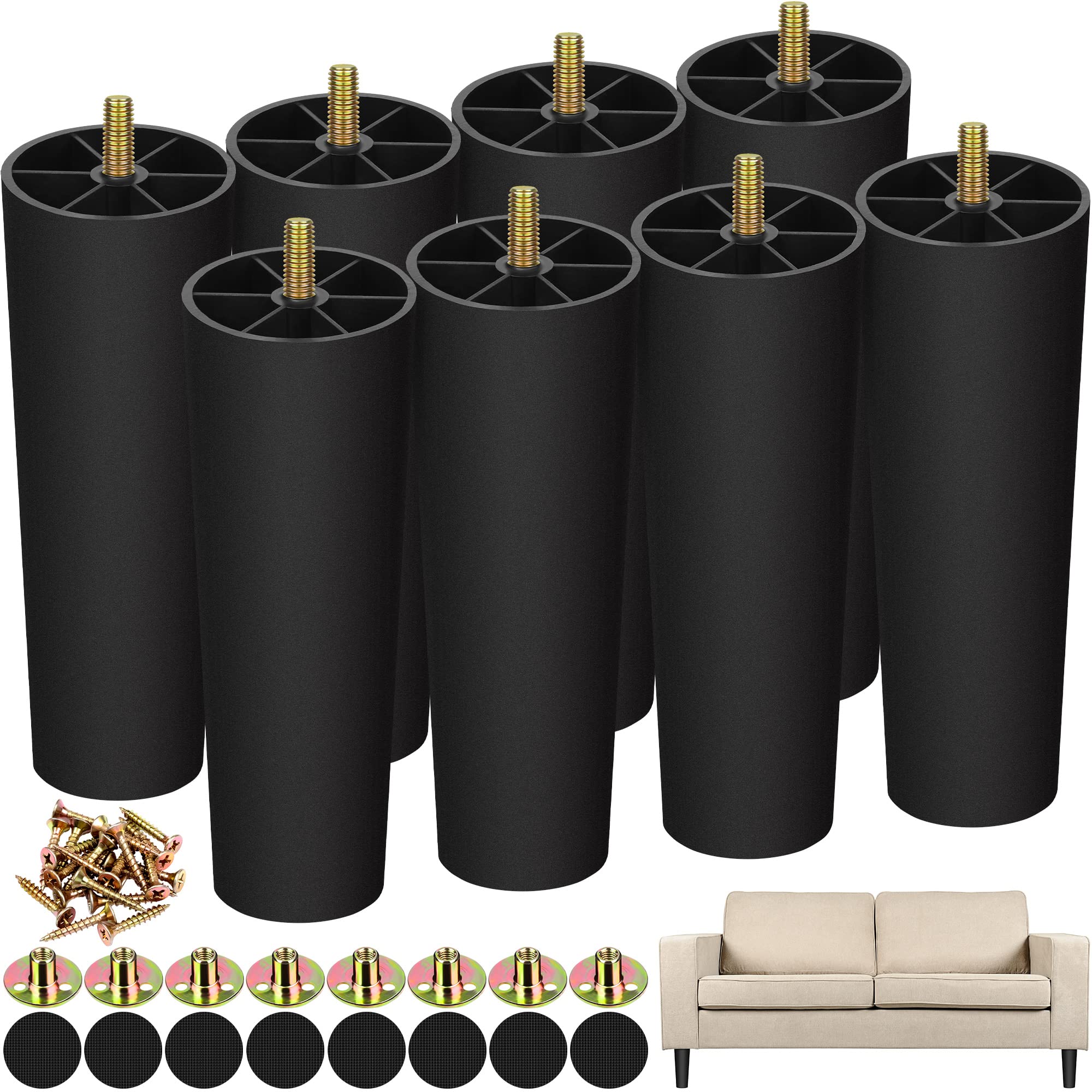 TURSTIN 8 Pack 8 Inch Plastic Furniture Legs with M8 T-nuts Screws Tapered Sofa Couch and Chair Legs Replacement Furniture Leg for DIY Projects Sofas Coffee Tables Dressers Beds