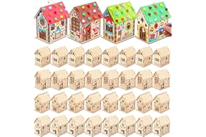 DoubleFill 12 Pcs Wood Gingerbread House Craft Kit for Kids DIY Wooden Christmas Birdhouse Craft Kits Holiday Village Houses Make a Gingerbread Wooden House for Xmas Party Game Craft Supplies