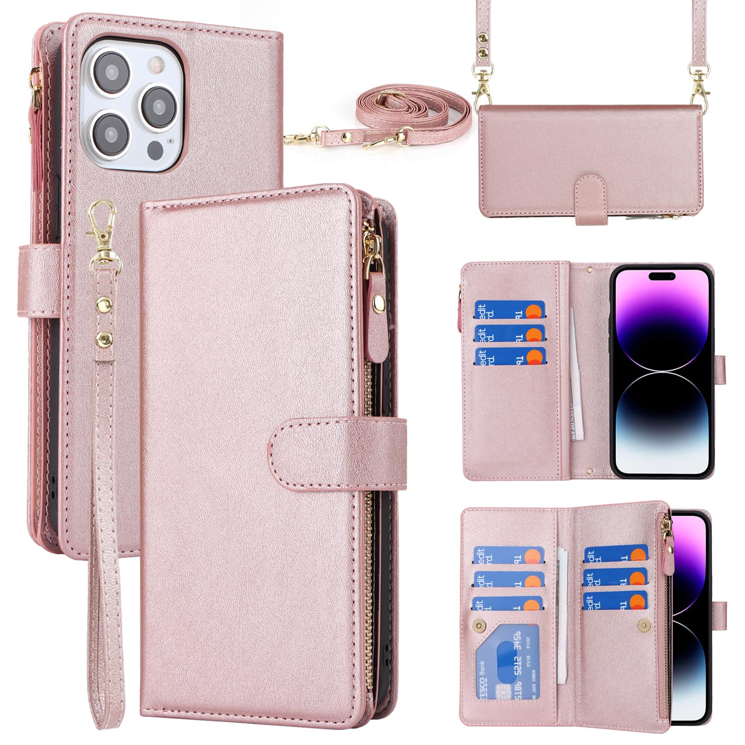 Cavor Compatible with iPhone 15 Pro Max Case With Card Holder With Strap,Flip Leather Crossbody Wallet Case,[9 Card Holders][Magnetic][Lanyard],Cover Phone Case for women - Rose Gold