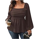 Floerns Women's Plus Size Square Neck Lantern Long Sleeve Ruffle Hem Peplum Blouse Top