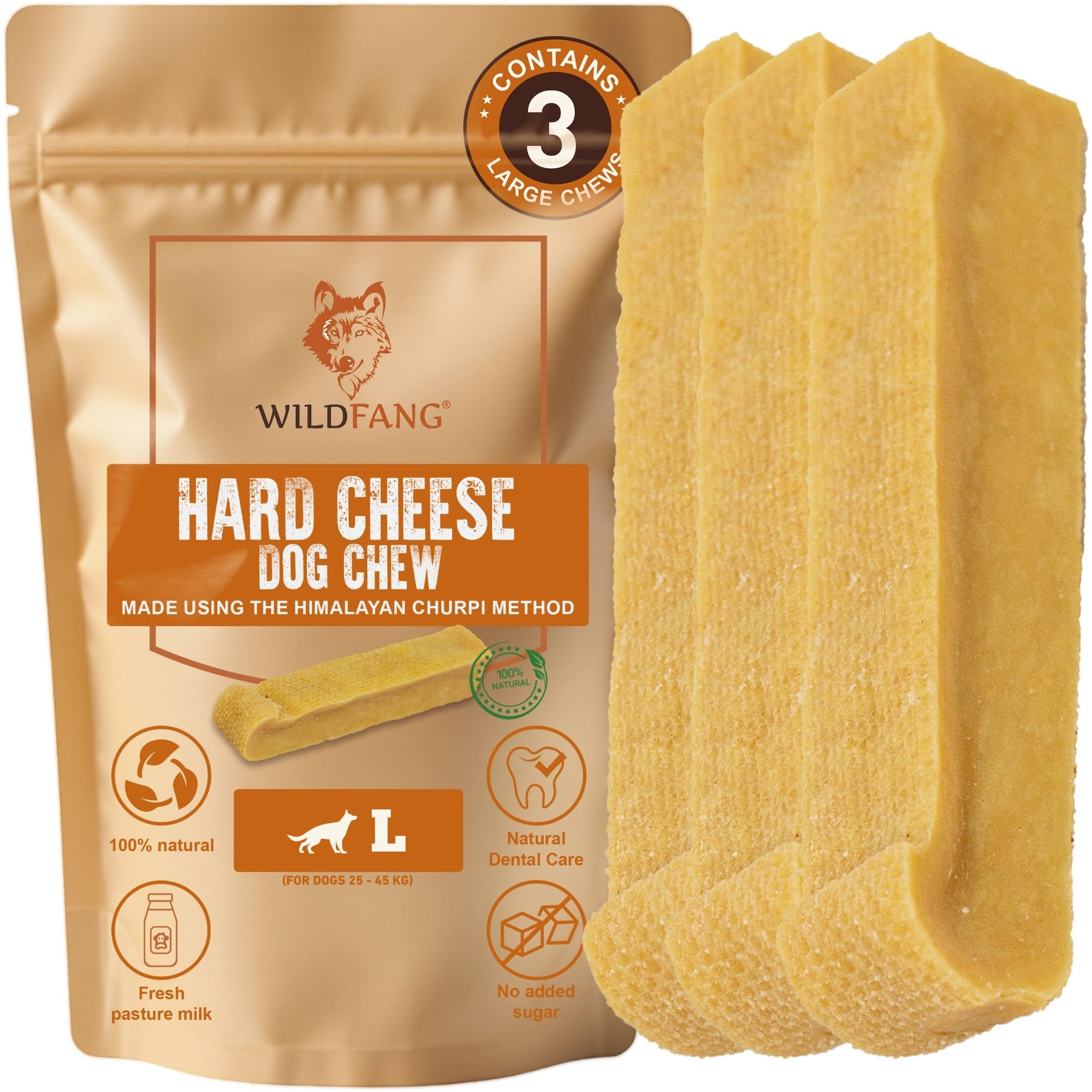 Wildfang® Yak Chews for Dogs, L (Approx. 101 g) – Himalayan Yak Cheese Dog Chews, Natural Dog Treats and Puppy Teething Toys for Healthy Gums, Hard Churpi Dental Sticks for Dogs 25-45 kg, Pack of 3