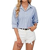 siliteelon Button Down Shirts for Women Striped Dress Shirts 3/4 Sleeve Wrinkle Free Casual Collared Blouse Office Work Shirt