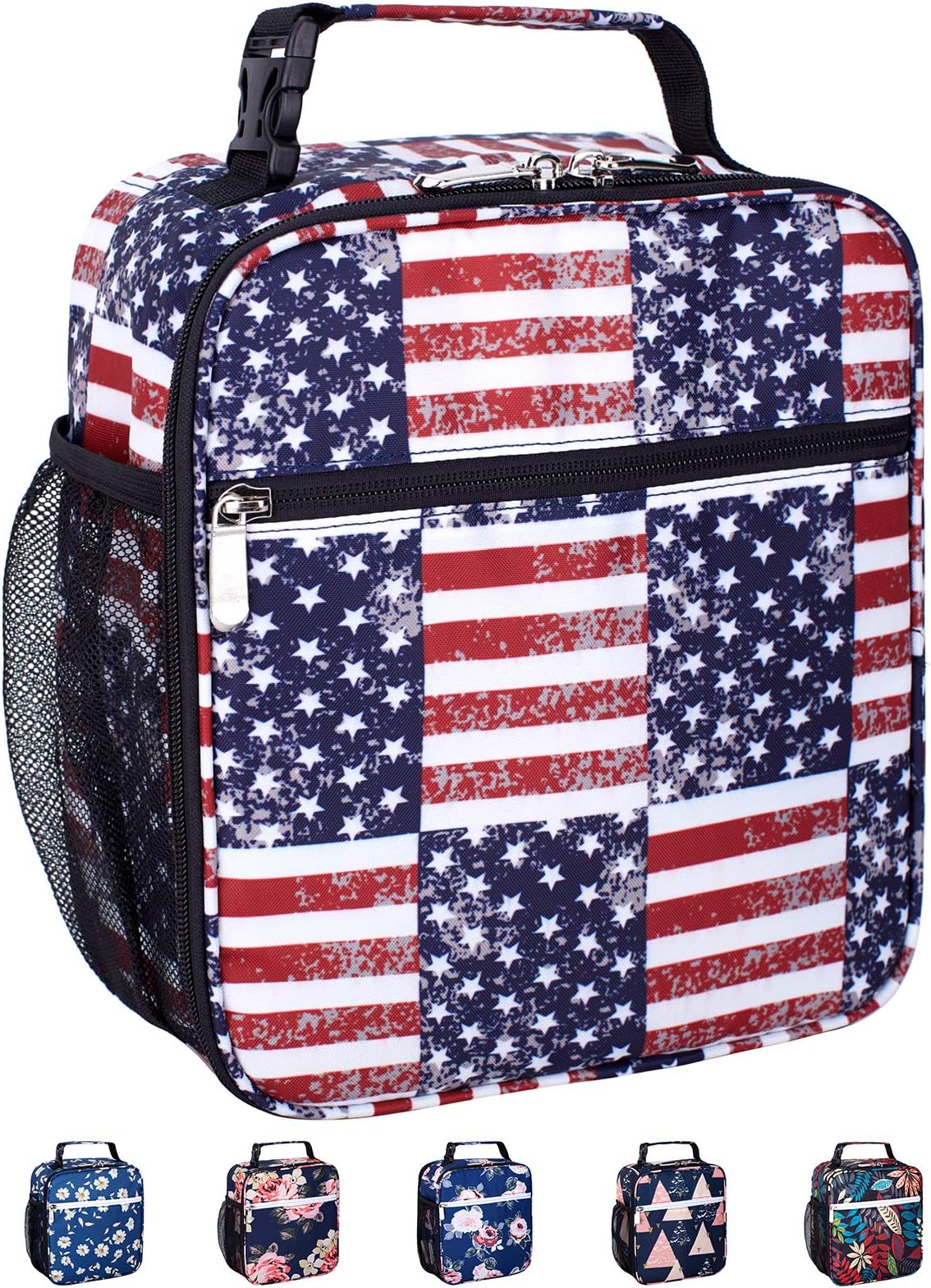 Leakproof Insulated Reusable Cooler Lunch Bag - Durable Compact Office Work School Lunch Box with Multi-Pockets & Detachable Buckle Handle for Women,Men and Kids-Flag American
