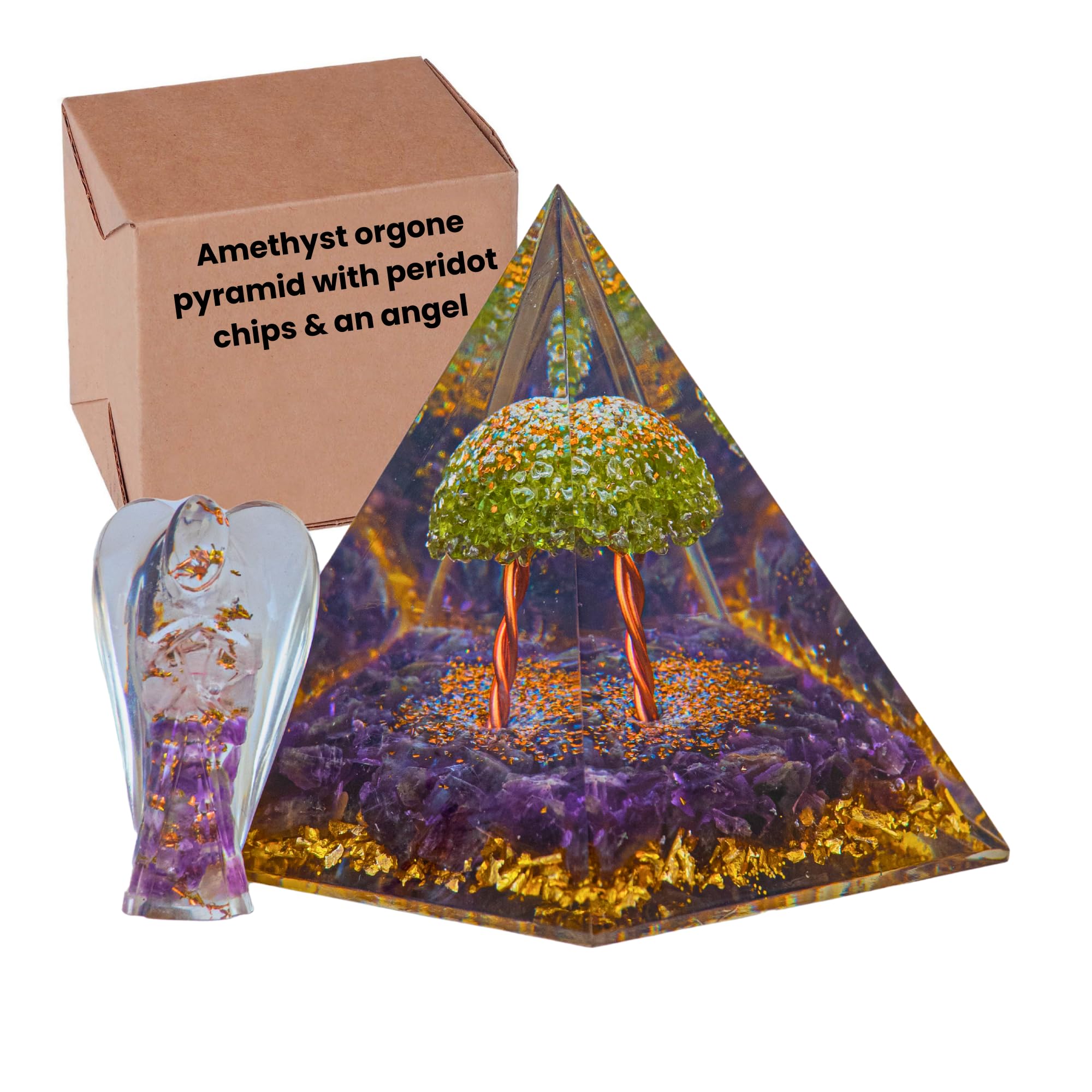 ZAARIYA Amethyst Orgone Pyramid With Peridot Chips & an Angel for Chakra Energy Healing, Yoga, Meditation, Room Decor, New year & Good Luck Gifting(4.5 x 3 x 3 Inches)