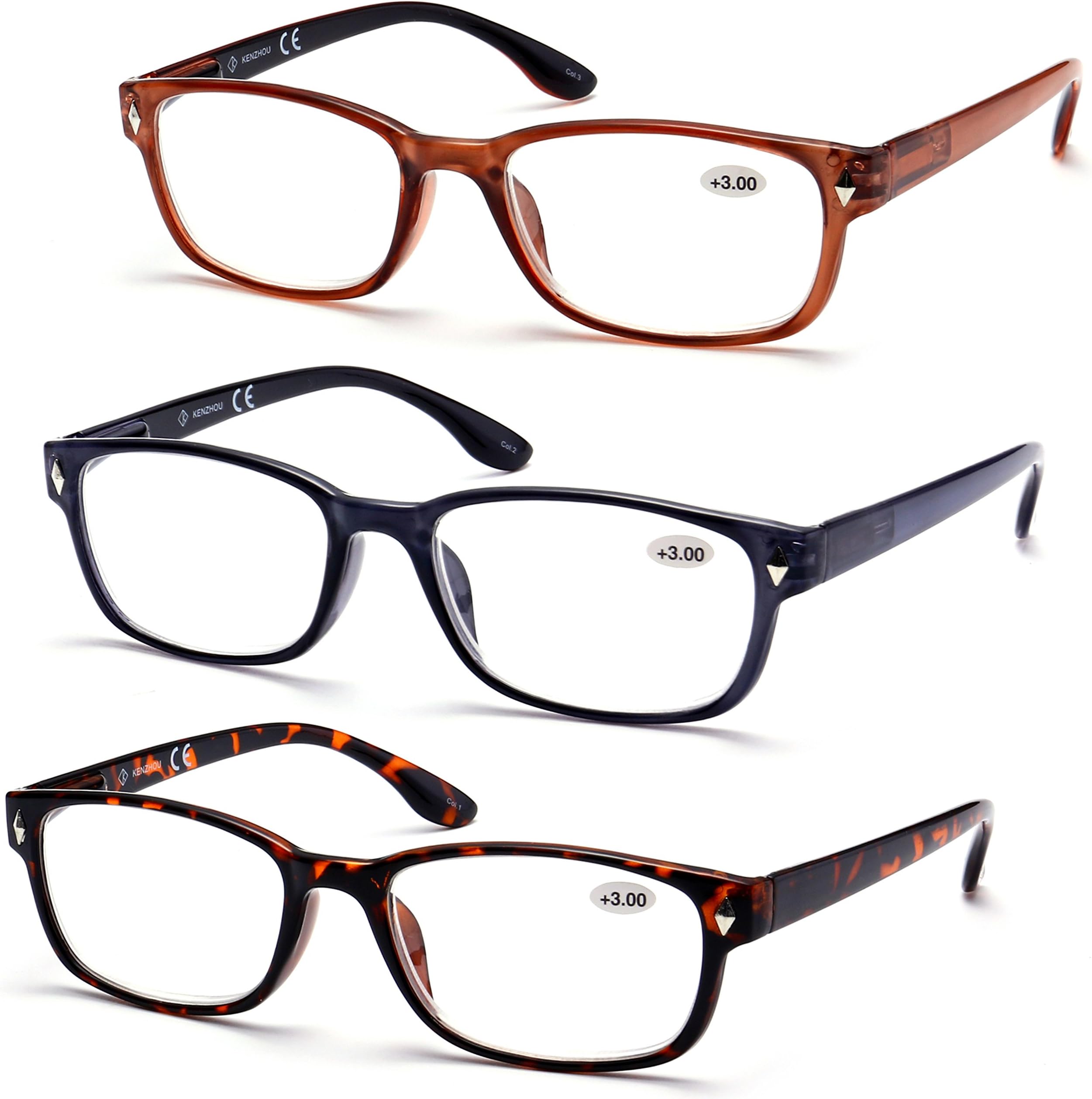 Viscare 3-Pack Men Women Wayfarer Reading Glasses Readers w/Spring Hinges (+3.00, Brown)