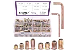 Swpeet 122Pcs Carbon Steel Color Zinc Plated Carbon Furniture Screw in Nut Threaded Wood Inserts Bolt Fastener Connector Hex Socket (1/4 + 5/16, Assortment Kit)