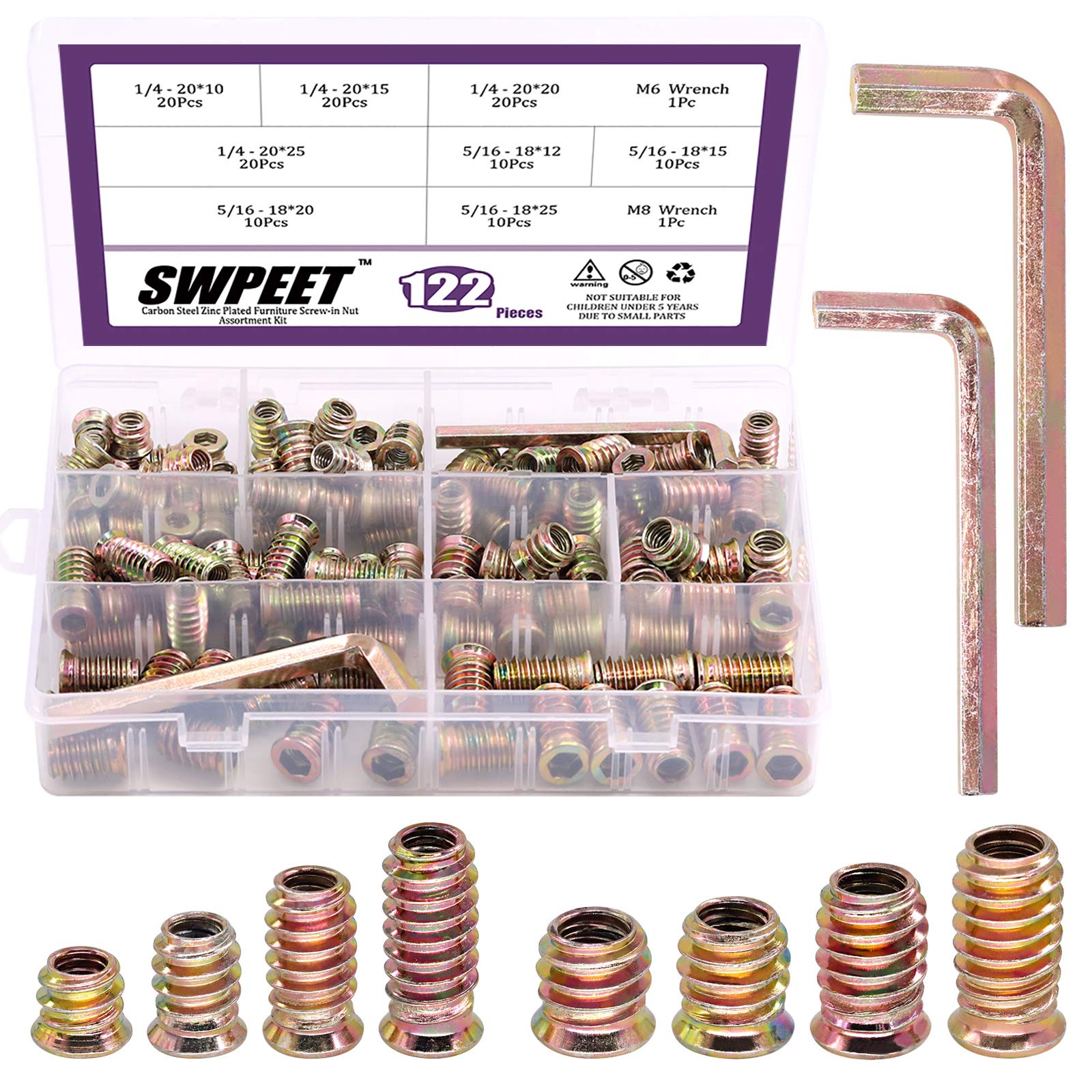 Swpeet S1-76 122Pcs Carbon Steel Color Zinc Plated Carbon Furniture Screw in Nut Threaded Wood Inserts Bolt Fastener Connector Hex Socket (1/4 + 5/16, Assortment Kit),Yellow