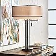 Franklin Iron Works Andes Modern Industrial Table Lamp 27 1/2" Tall Oil Rubbed Bronze Brown Metal Stacked Double Fabric Drum Shade for Bedroom Living Room House Home Bedside Nightstand Office Kids