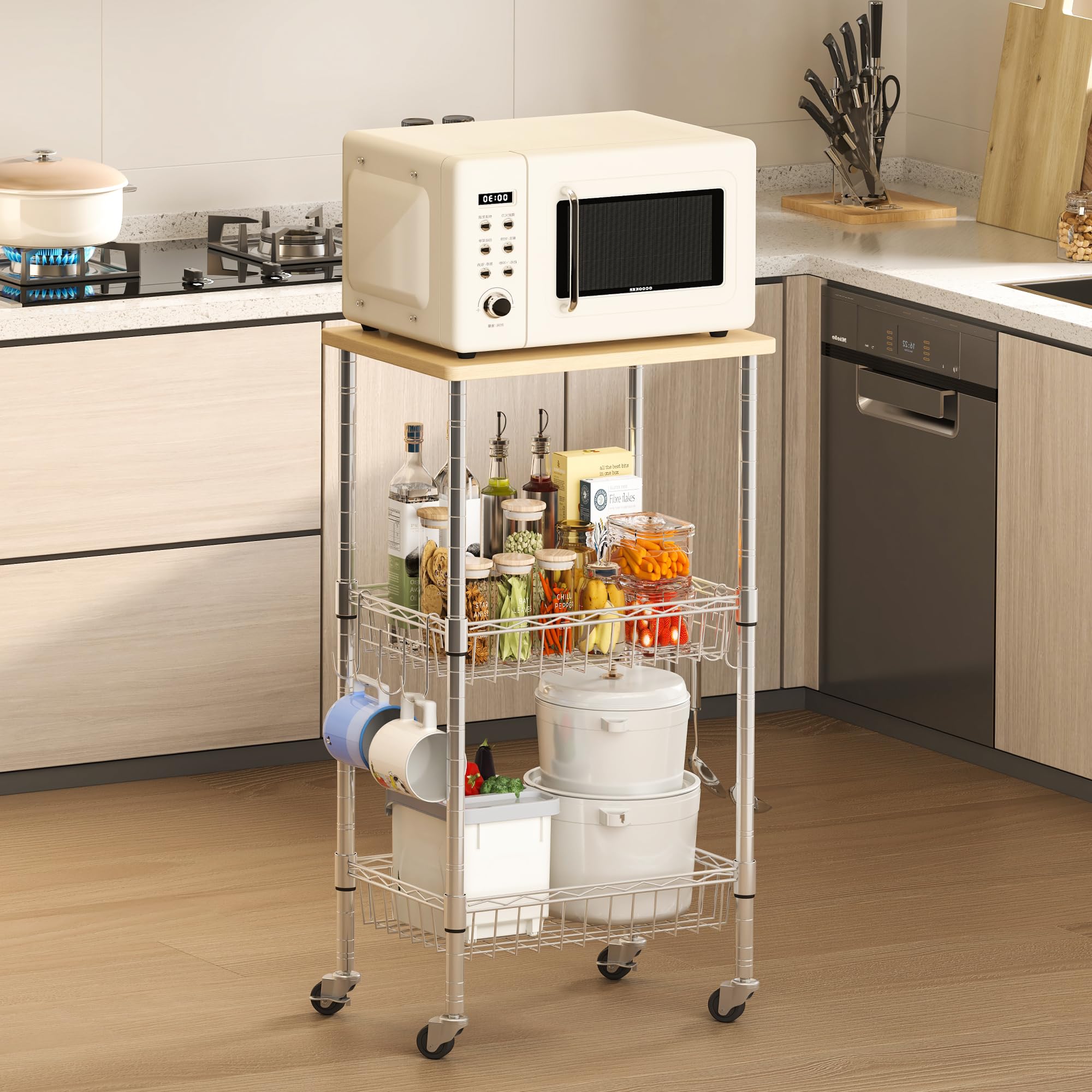 Rolling Kitchen Storage Cart, 3-Tier Storage Rack on Caster Wheels with ...
