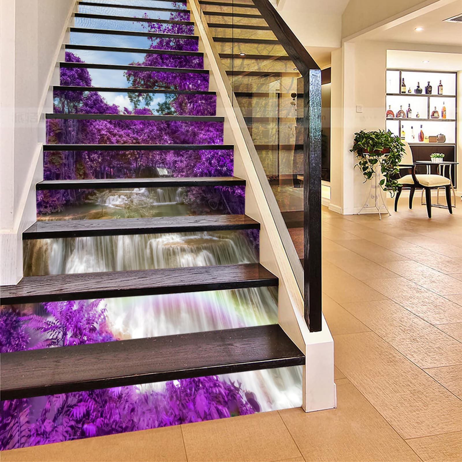 FLFK 13Pcs Stair Risers Stickers Peel and Sick 39.37"x7.08",Self-Adhesive Staircase Stickers Decals, Waterfall Purple Flower Trees Forest Mural Wallpaper for Stair Steps