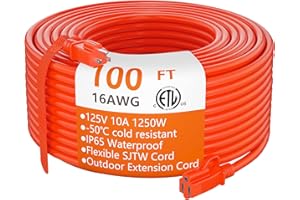 Outdoor Extension Cord 100 ft Waterproof, 16/3 Gauge Flexible Cold-Resistant Appliance Extension Cord Outside, 10A 1250W 16AWG SJTW, 3 Prong Heavy Duty Electric Cord Orange, ETL HUANCHAIN