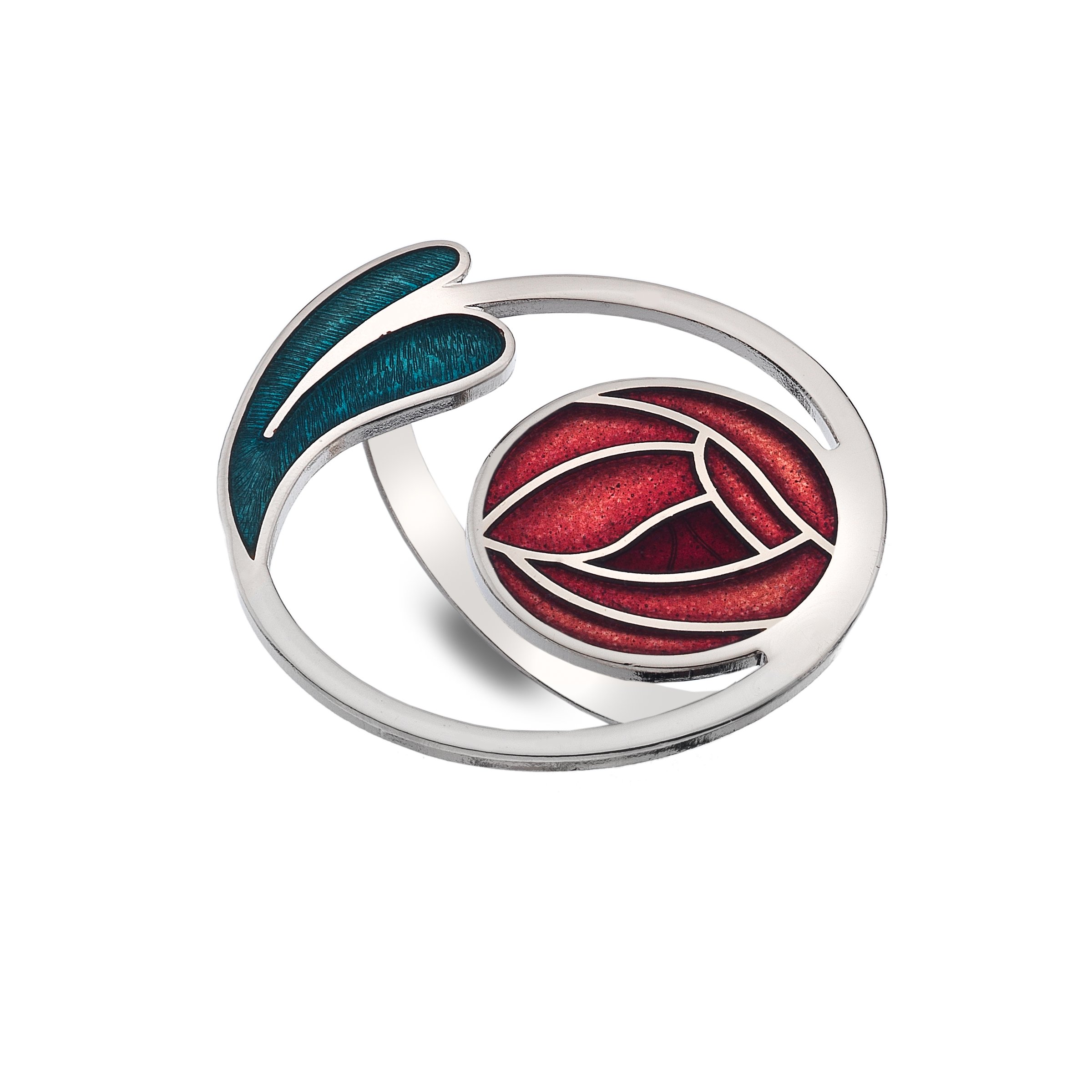 Red Enamel Mackintosh Rose Flower and Leaf Coil Scarf Ring