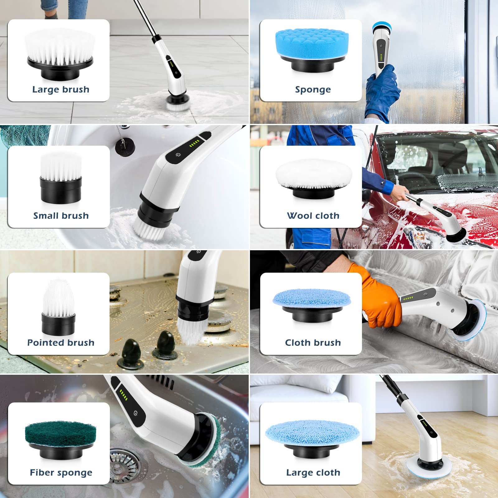 Bomves Electric Spin Scrubber, Cordless Cleaning Brush Scrubber for Home, 8 Replaceable Brush Heads-90Mins Work Time, 3 Adjustable Size, 2 Speeds for Bathroom Shower Bathtub Glass Car
