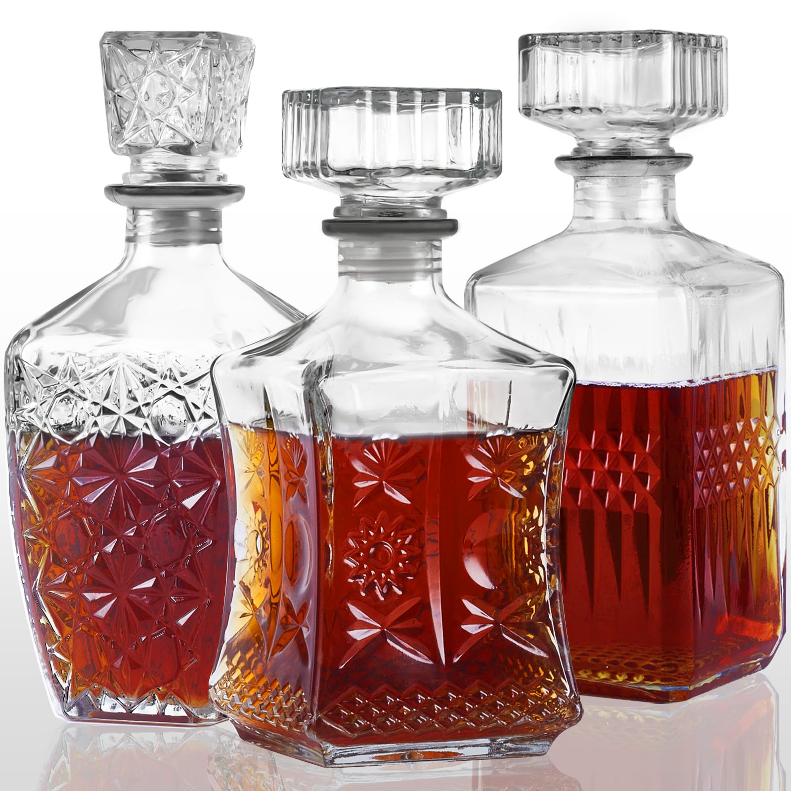 Photo 1 of Whiskey Decanter Set of 3 Glass Liquor Decanters, Alcohol Bottles with Airtight Decanter for Tequila, Vodka and Brandy Unique Whiskey presents for Man, Dad, Husband and Home Bar Decor (28oz*2, 31oz*1)