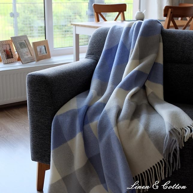 title=Linen & Cotton Plaid di Lusso, Coperta Copriletto DEVON- 100% Lana Nuova Zelanda