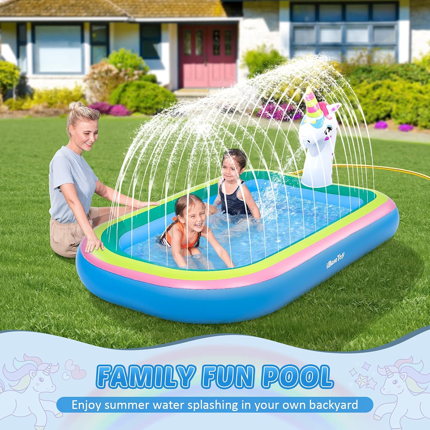 iBaseToy Unicorn Sprinkler Pools for Kids, Splash Pad Inflatable Kiddie Pool for Outside, Splash Mat Baby Paddling Pool for Backyard, Water Sprinkler Toys Games for Summer Outdoor Toddlers Play - 68": Toys & Games