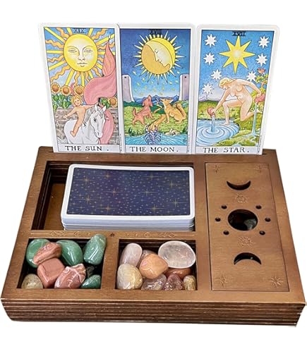Porte-cartes De Tarot En Bois Avec Motif Phases De Lune - 2 Fentes - Dimensions 28x13x1,8 Cm - Support Présentation Divination