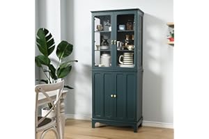 ARTPOWER 72" Freestanding Kitchen Pantry Storage Sideboard, Classical Tall Cabinet with Glass Door and Adjustable Shelves for Kitchen, Livingroom and Dining Room, Dark Teal