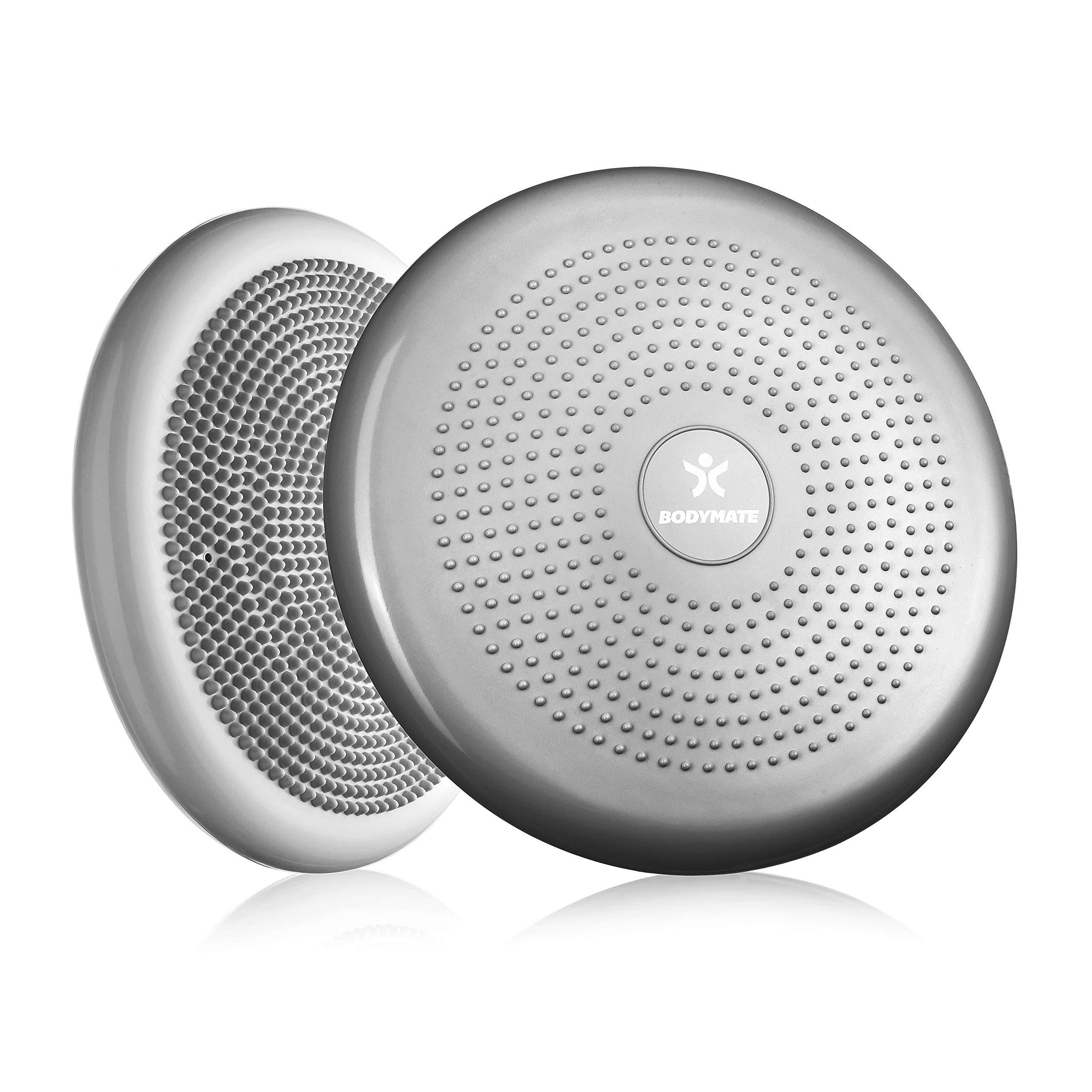 BODYMATE silver balance cushion incl. pump - 34cm diameter inflatable instability disc/nubbed massage cushion for core, fitness, rehab, co-ordination and relief of back pain