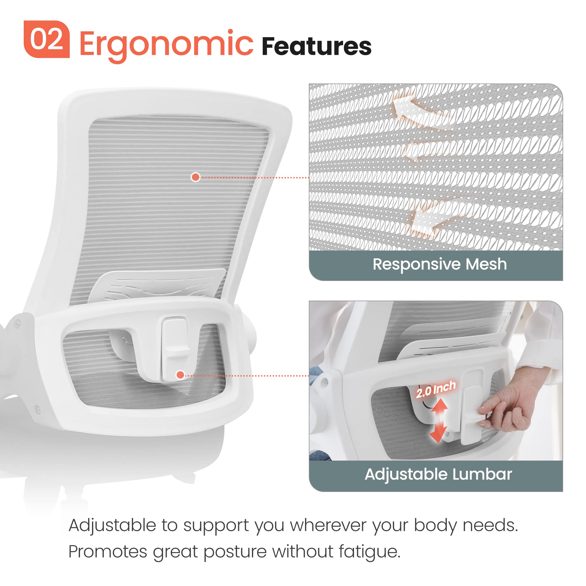 NEO CHAIR High Back Mesh Chair Adjustable Height and Ergonomic Design Home Office Computer Desk Chair Executive Lumbar Support Padded Flip-up Armrest Swivel Chair (Grey) - Image 3