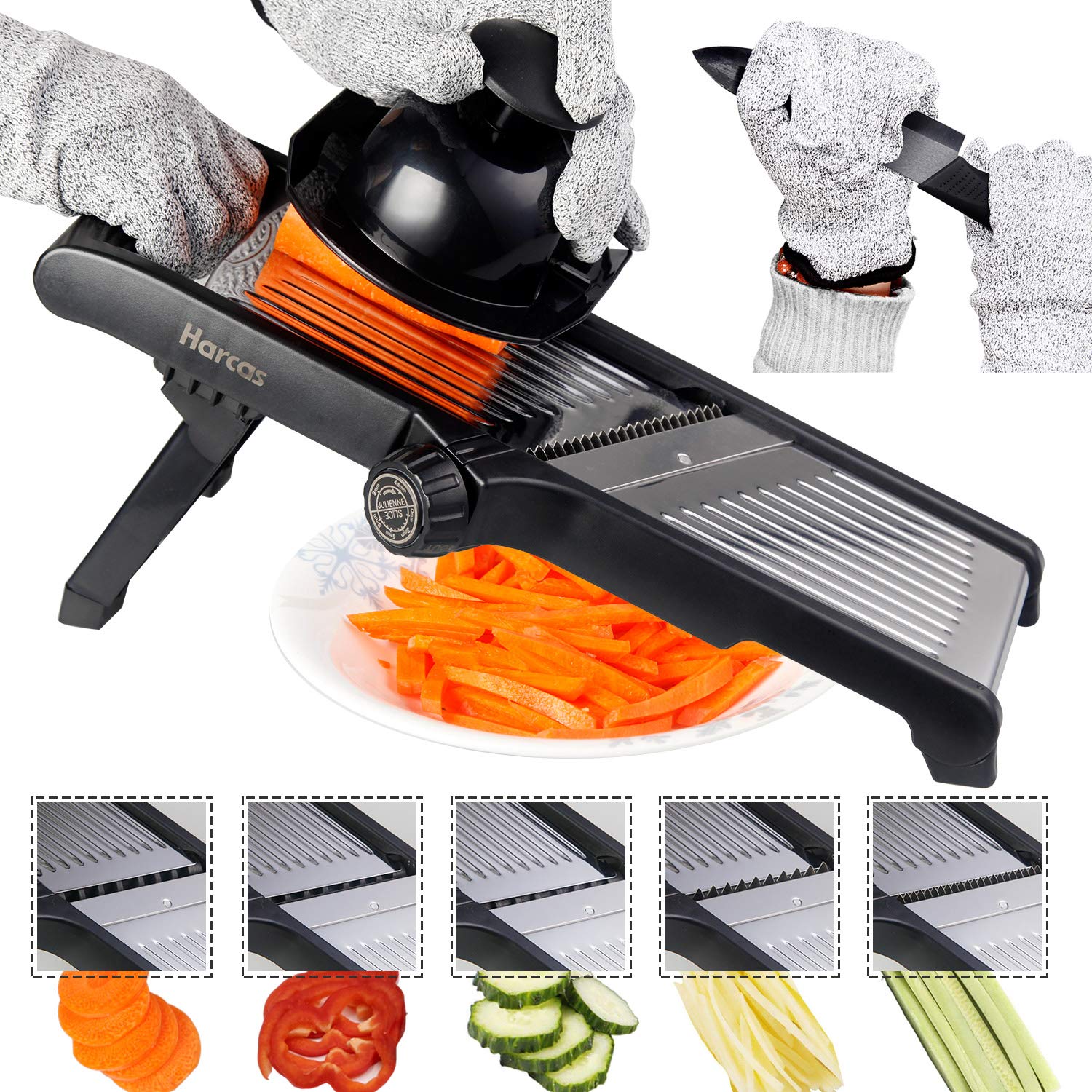 Adjustable Mandoline Food Slicer by Harcas. 3 in 1 Mandolin Julienne Cutter. Best for Slicing Food, Fruit and Vegetables. Professional Grade Slicer. with Cut Proof Gloves and Cleaning Brush
