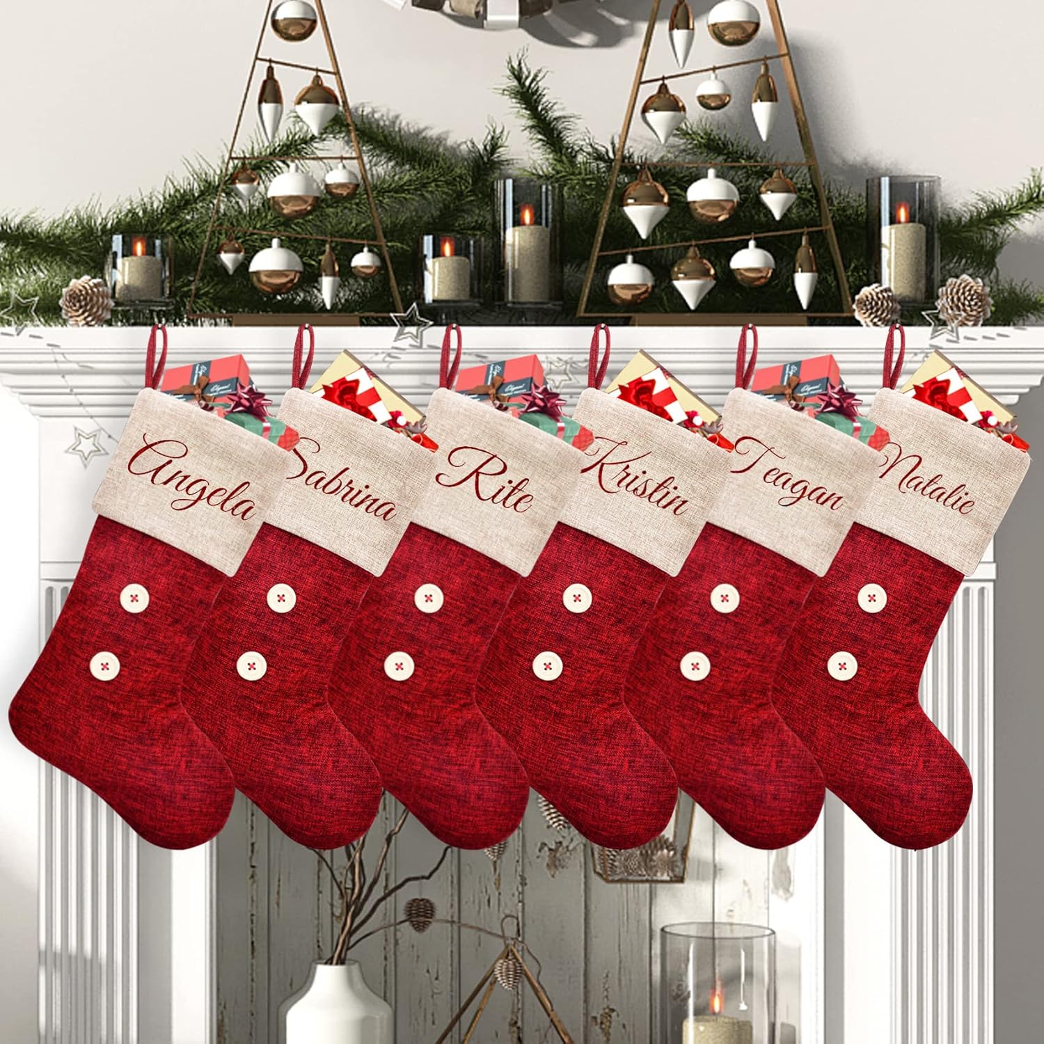 Stockings & Holders - ElegantPark Personalized Christmas Stockings 6 Pack Red Burlap Christmas Stockings Monogrammed Custom Large Xmas Rustic Holiday Fireplace Home Decoration Gifts for Family