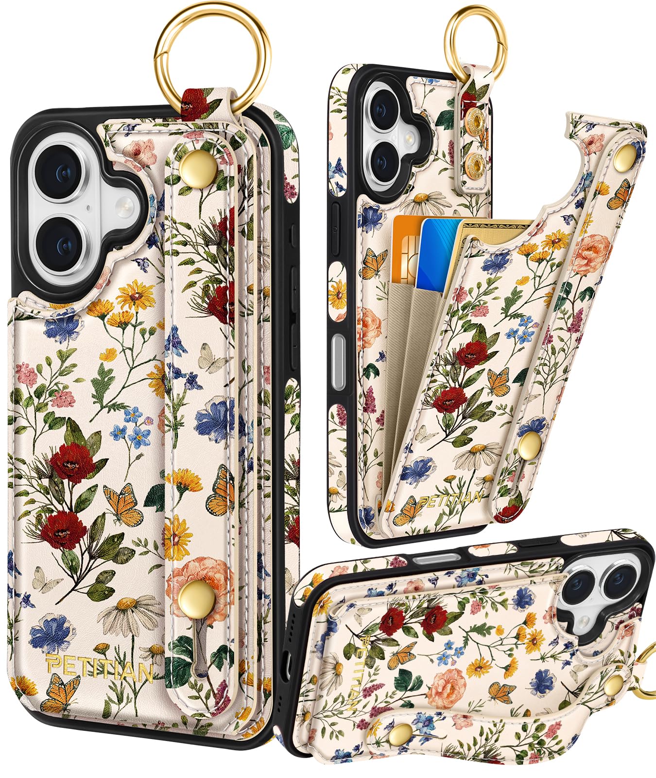 Photo 1 of Petitian for iPhone 16 Wallet Case - Women Girls Cute Girly Aesthetic Unique Design Leather Credit Card Holder Cardholder Stand Wristband for iPhone 16, Vin Flower