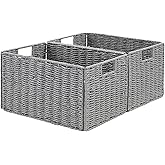 Vagusicc Wicker Storage Basket, Set of 2 Hand-Woven Paper Rope Wicker Basket, Small Storage Baskets for Organizing Toilet Paper Basket, Foldable Large Cube Storage Organizer Bins for Shelves (Grey)