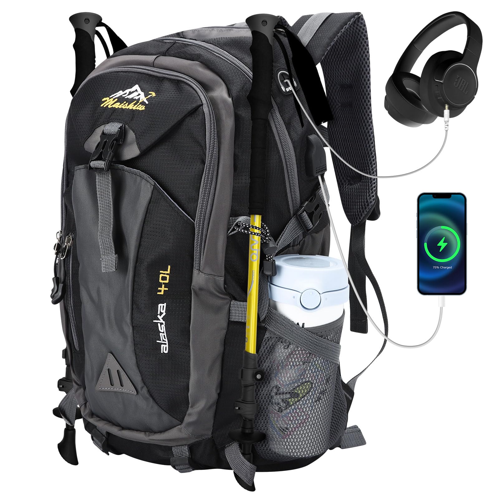 HaetFire Hiking Backpack 40L Lightweight Breathable Backpack for Men Women Travel Daypack Bag, Water Resistant Rucksack Backpack for Camping Cycling Climbing Walking Mountaineer Outdoor Sports