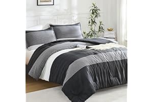 Litanika Queen Comforter Set Black White Grey - 3 Pieces Lightweight Summer Bedding Set, All Season Down Alternative Comforte