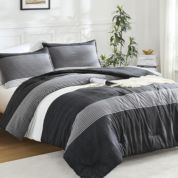 LITANIKA FULL COMFORTER SET BLACK – 3 PIECES STRIPE BEDDING COMFORTER SETS