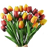 WISTART 24pcs Artificial Tulips Flowers Fake Faux PU Tulip Bouquet Real Touch Flower Arrangement for Home Room Office Party Wedding Decoration Excellent Gift Idea for Mothers Day (Red and Orange)