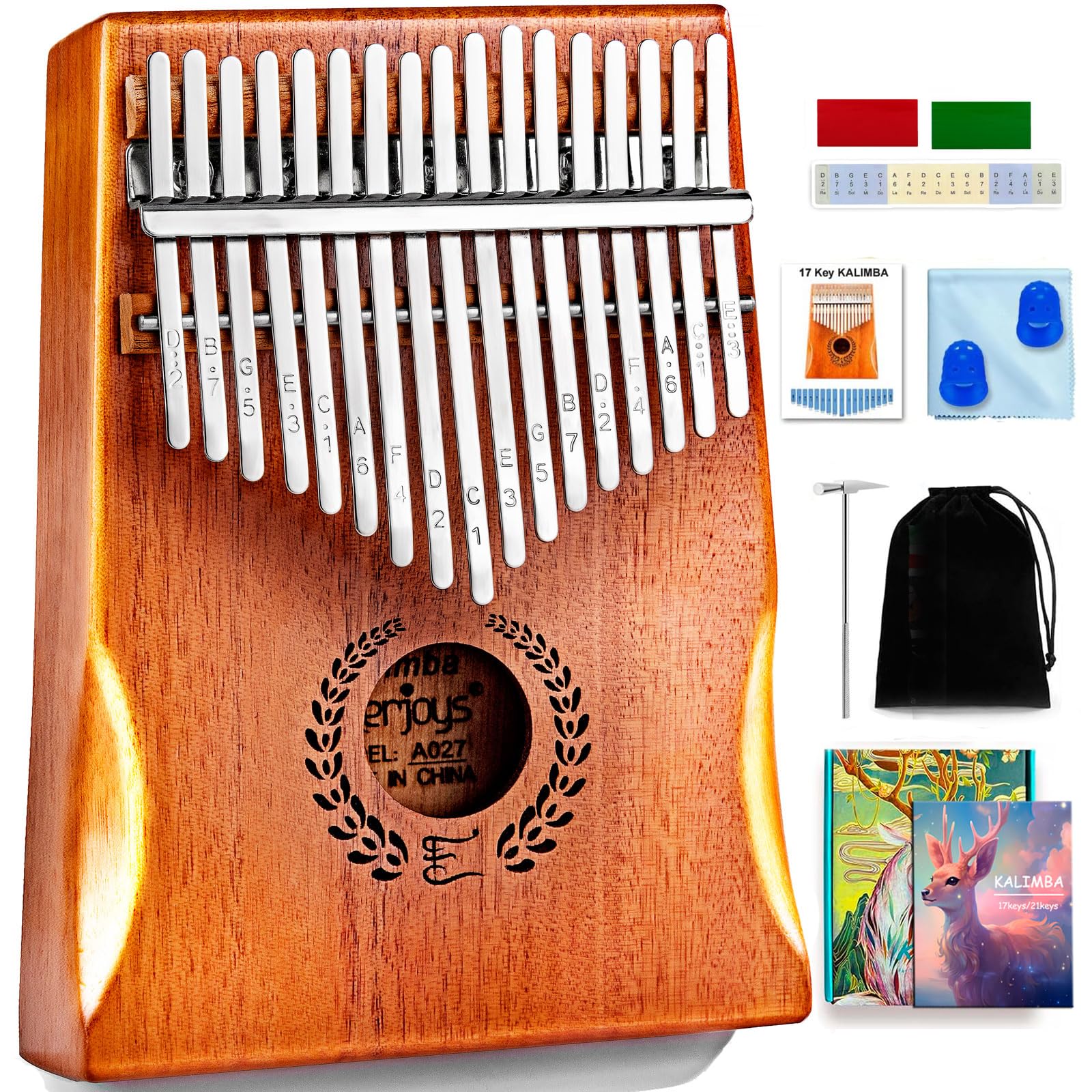 Everjoys Kalimba Thumb Piano 17 Keys, Professional Musical Instrument Finger Piano Marimbas with Portable Soft Cloth Bag, Fast to Learn Songbook, Tuning Hammer, All in One Kit