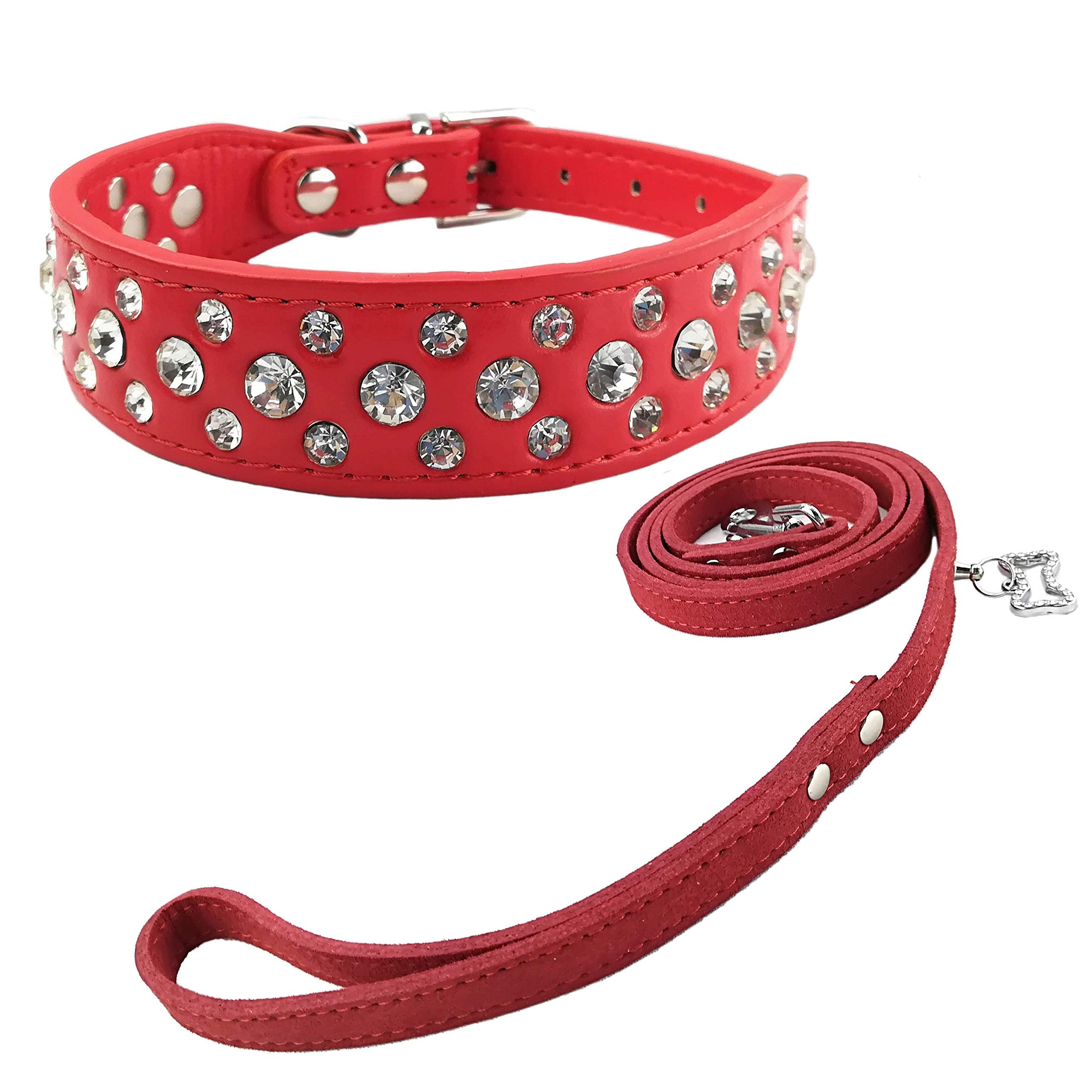 Newtensina Fashion Dog Collar and Lead Set Bling Puppies Collar Cute Diamante Dog Collar with Leashes - Red - M