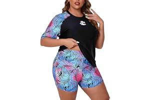 JOYBIK Women's Plus Size Two Piece Short Sleeve Rash Guard Sets with Built in Bra UPF50+ Swim Shirt Top and Shorts