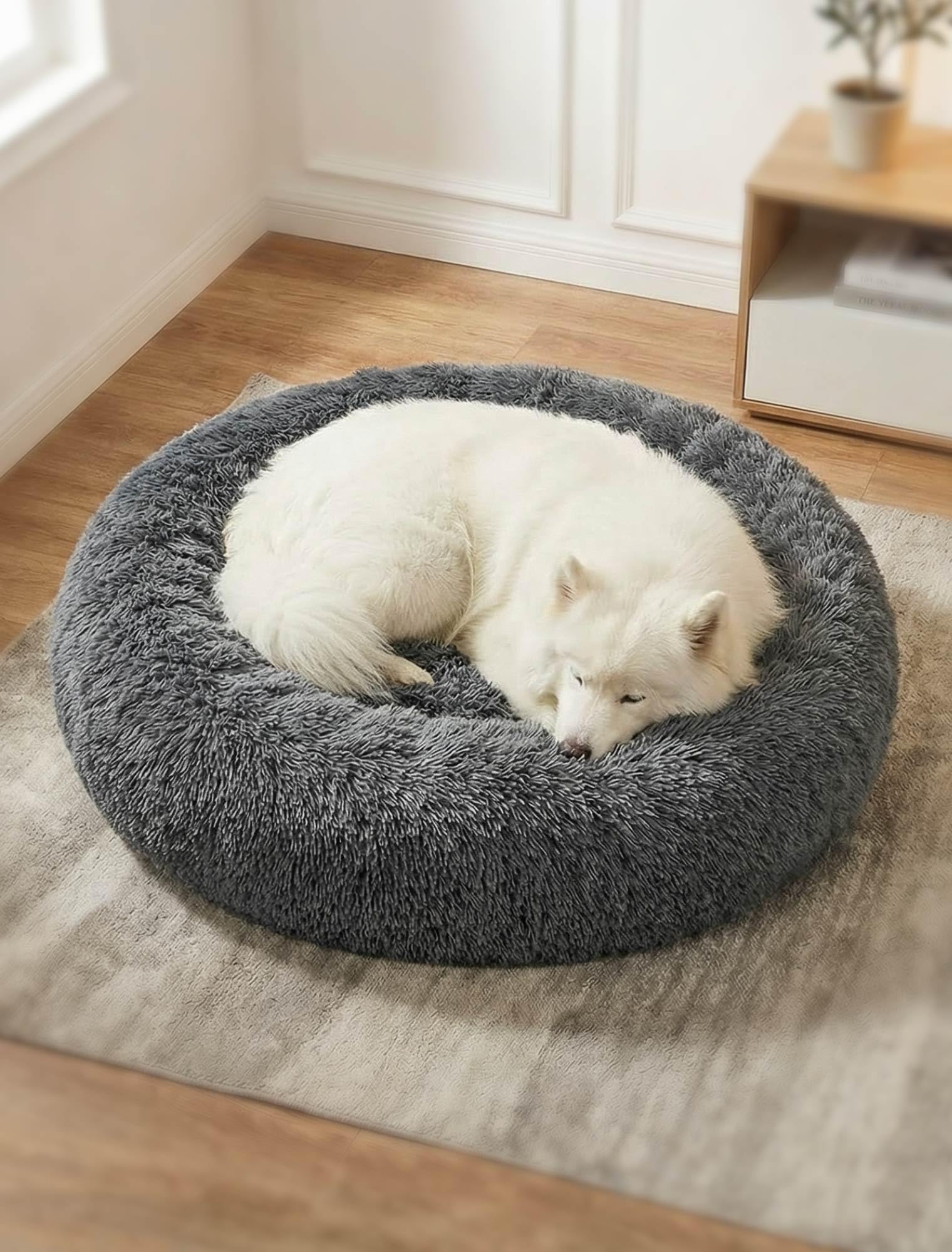 Moistu Large Dog Bed Donut Washable - 20cm Extra Thick Padded Base Plush Calming Bed Round Cat Cushion, Anti-Anxiety & Non-Slip Bottom - Soft Luxury Puppy Kennel Faux Fur Improved Sleep 70cm Diameter