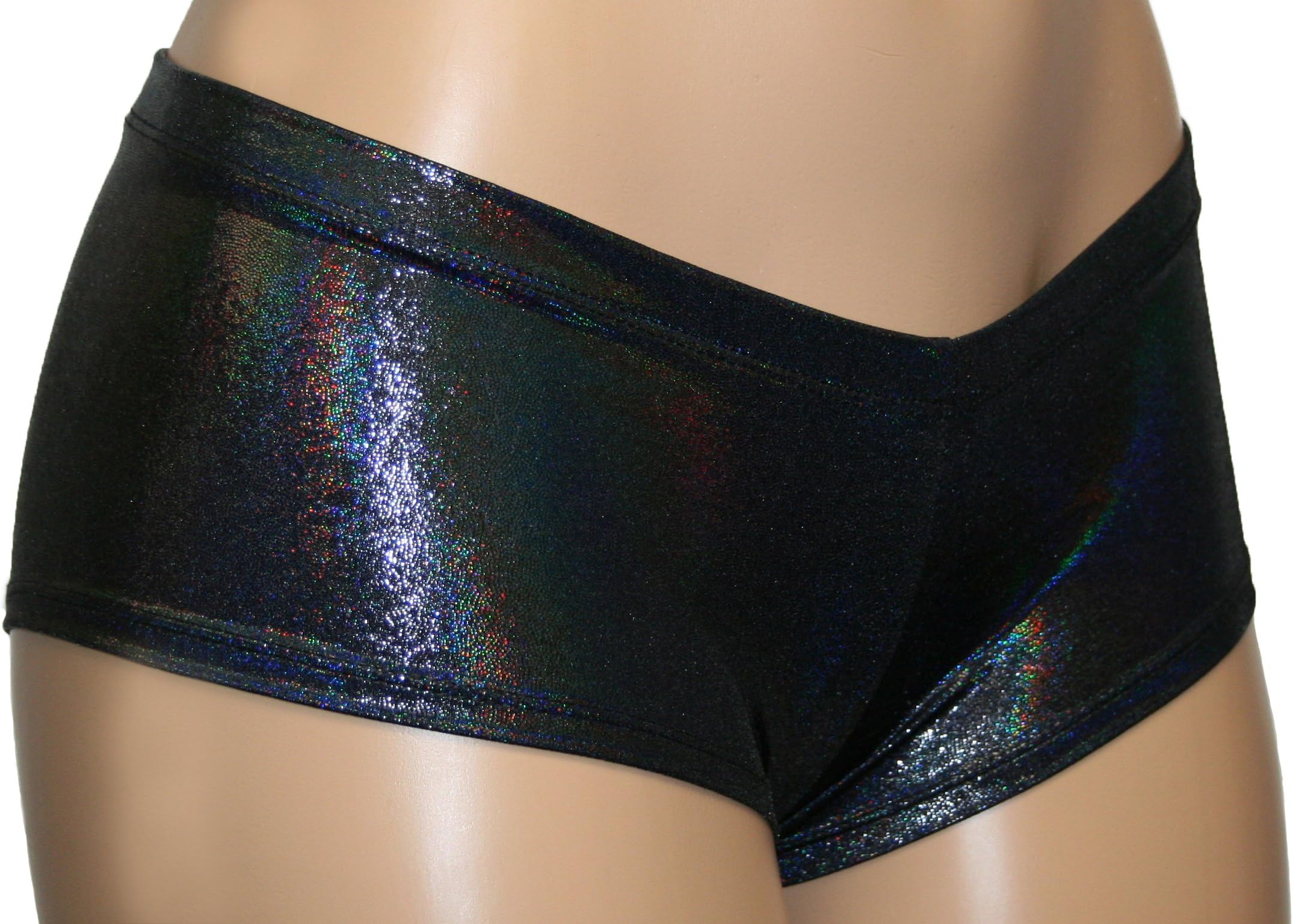 Black Hologram Iridescent Spandex Low Rise Cheeky Pole or Rave Booty Shorts