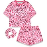 Barbie Girls Pajama Set | Childrens Wavy All Over Print Pink Short Sleeve Top & Shorts Graphic PJs Bundle with Scrunchie