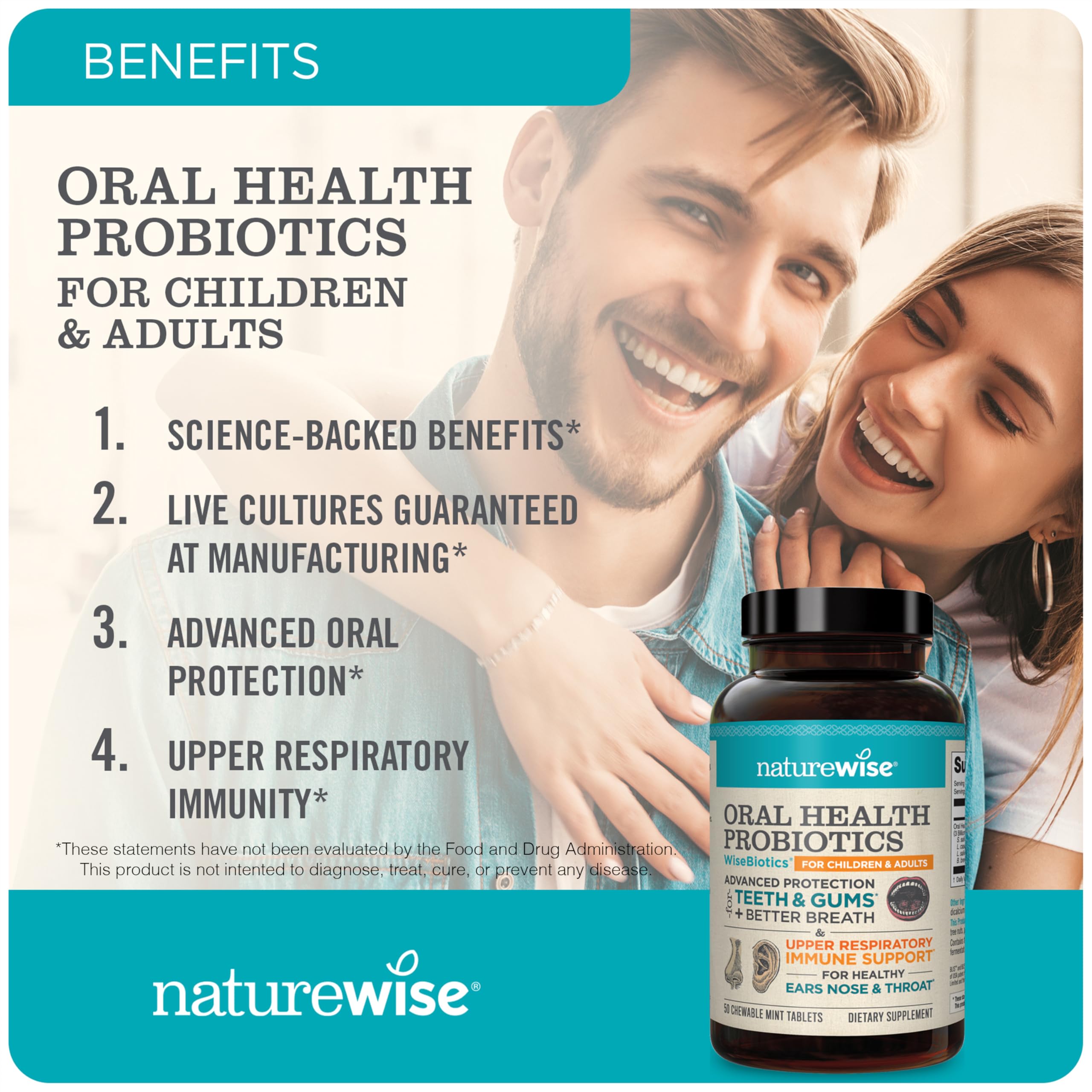 NatureWise Oral Probiotics for Teeth and Gums + Fresh Breath* - Chewable Sugar-Free Mint Tablet - Lactobacillus reuteri Chewable - Oral Health Probiotics For Kids & Adults - 50 Count[50-Day Supply]