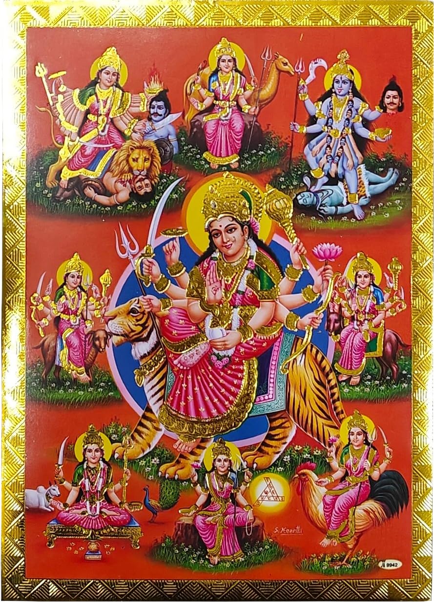 Rastogi Handicraft Best Of Indian Reprint Hindu God Poster/Picture with Golden Foil Unframed (Durga-Ji-Navaroop-7"X5")