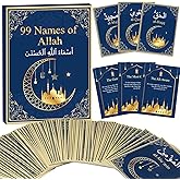 99 Names of Allah Flashcards Quran Verses Asma UI Husna Cards Eid Al Adha Learning Cards in Arabic and English Eid or Ramadan Gifts for Family Friends 5.7×3.1 Inches(Blue and Gold)