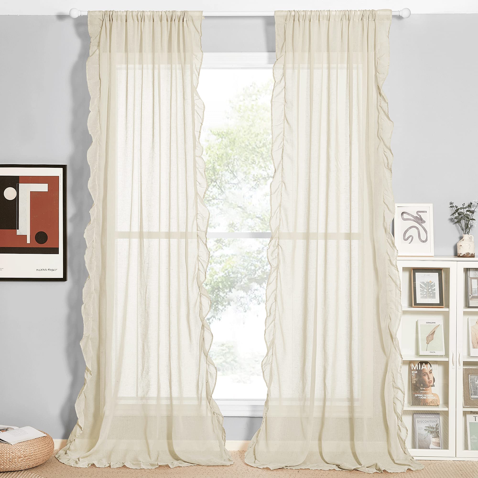KGORGE Beige Sheer Curtains 108 inches 2 Panels Set, Nature Linen Blend Farmhouse Drapes with Ruffle Trim Privacy Light Glare Backdrop Curtains for Party Stages Living Room Dining, W52 x L108 inches Image