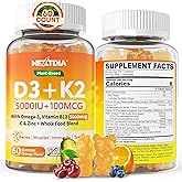 Vitamin D3 K2 Gummies 5000IU / 10,000 IU with Omega-3 250mg+K2(MK-7) 100mcg -5X Absorption Than Standard D3K2,with Vitamin C,Zinc,and 5 Organic Vegetables,Supports Bone & Teeth Strength, Immune,1 Pack