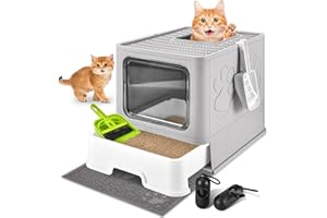Homagico Cat Litter Box with Litter Mat, Foldable Extra Large Free in and Out/One-Way Liiter Box with Lid, Drawer Type Enclosed Kitty Litter Box,Odor Control Anti-Splashing Easy Cleaning (Light Grey)
