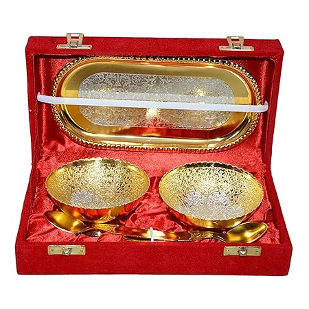 International Gift German Silver Brass Round Bowl Sets with Tray and Spoon with Royal Luxury Velvet Box Packing Used for Dry Fruit, Sweets and Home Decor