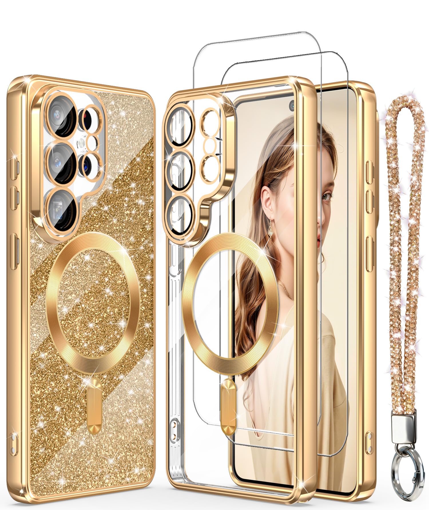 DagoRoo Magnetic for Samsung Galaxy S26 Ultra Case + 2X Screen Protectors,Luxury Plated Gold Edge [Glitter Card&Wrist Strap] Slim Soft Crystal Clear TPU Shockproof Cover for S26 Ultra 5G-Gold